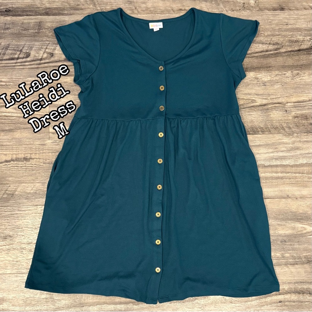 LuLaRoe Heidi Short-Sleeve Button-Front Dress in Teal Green